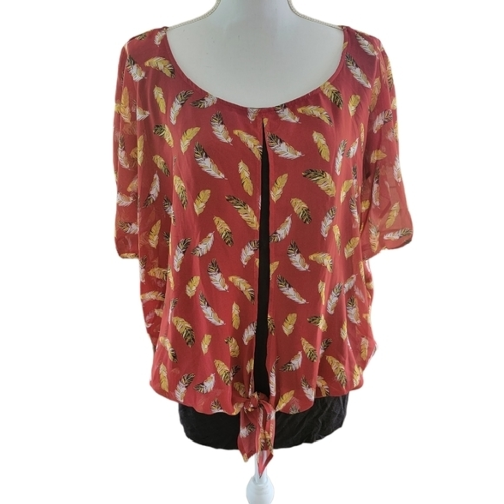 ALYX Feather Print Blouse with tie and cut out sz‎ 1X orange yellow black
